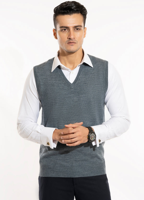 Sweater - Wool Acrylic-Sleeveless Grey Plain