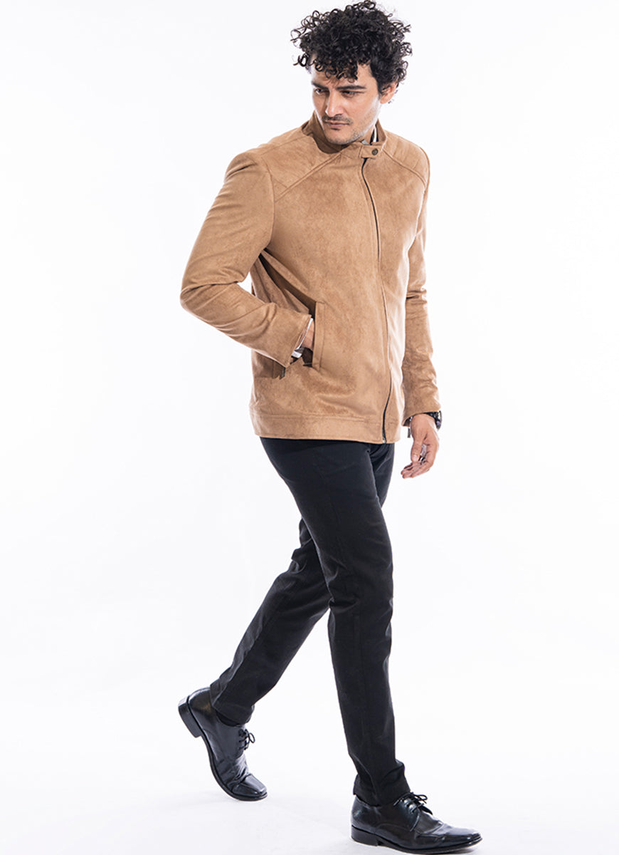 Suede Textured-Tan Brown, Regular Fit, Poly Viscose Wool (Suedette), Bomber Jacket