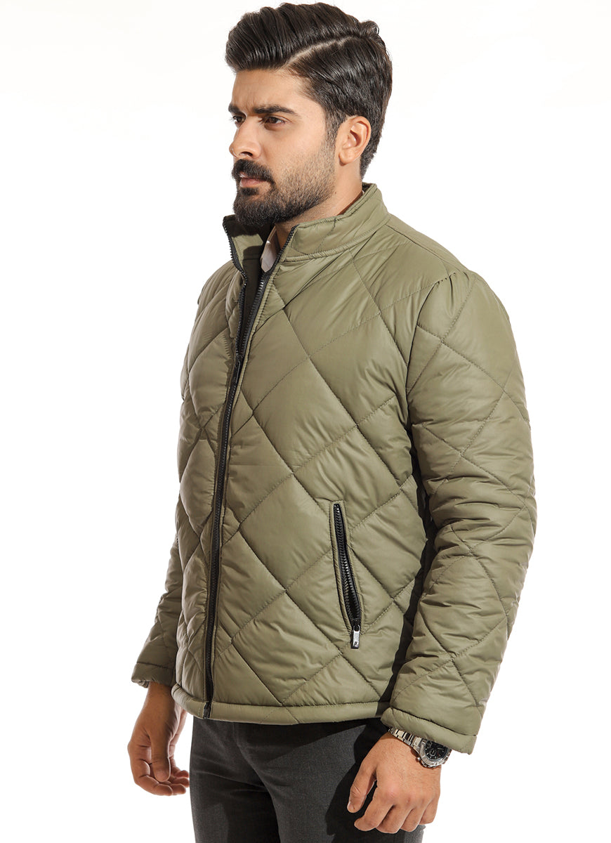 Plain-Green, 100% Nylon, Puffer Zipper Jacket