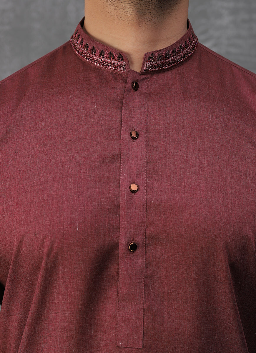 Plain-Redwine, Yarn Dyed Chambray Cotton Embroidered Kurta