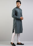 French Army Grey Big Floral Self Pattern Jamawar Kurta
