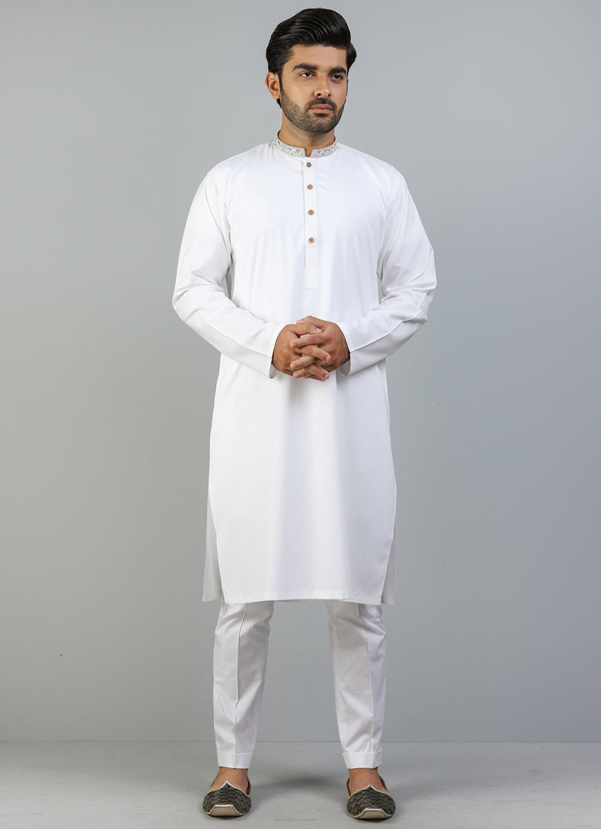 Plain-Off White, Synthetic Bosky Embroidered Kurta