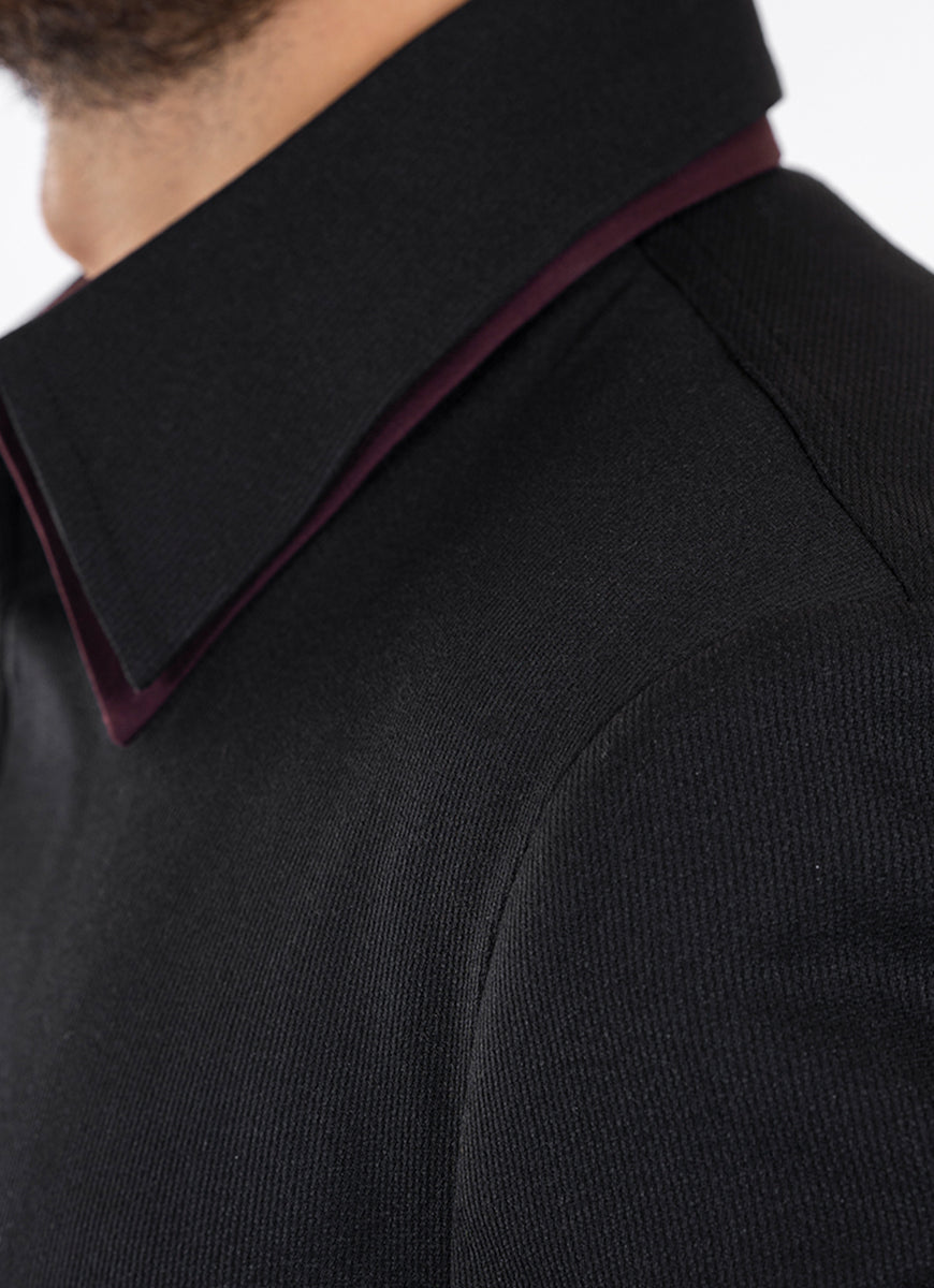 Self Stripes-Black, Regular Fit, Poly Viscose, Double Collar Jacket