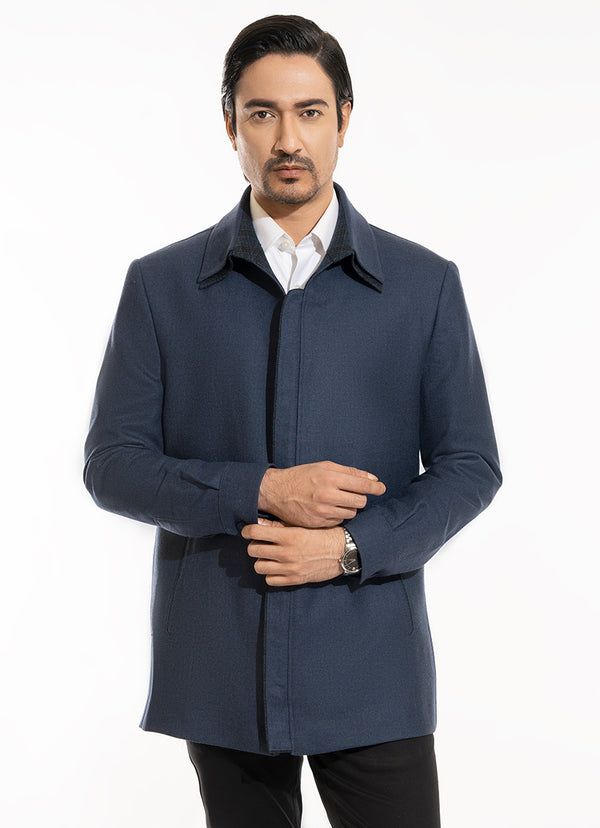 Plain Twill-Blue, Wool Rich Worsted Tweed Double Collar Bomber Jacket